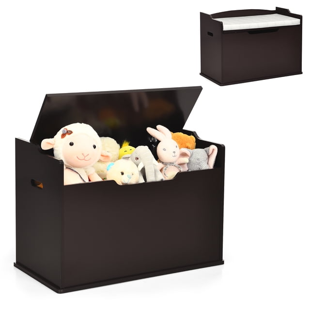 Costway Kids Toy Box Wooden Flip-top Storage Chest Bench with Cushion, a brown MDF storage container with a safety-hinged lid, built-in handles, and a soft white cushion for seating. The open lid displays spacious storage filled with plush toys, ideal for organizing playrooms, bedrooms, or entryways.
