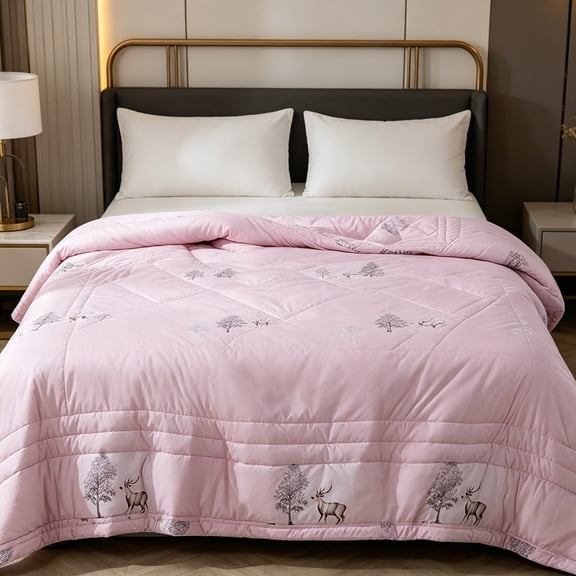Yardvibe Cooling Comforter Twin Size, Deer Print Breathable Summer Comforter for Hot Sleepers & Night Sweats, Silky Smooth Cooling Blanket, Pink (B)