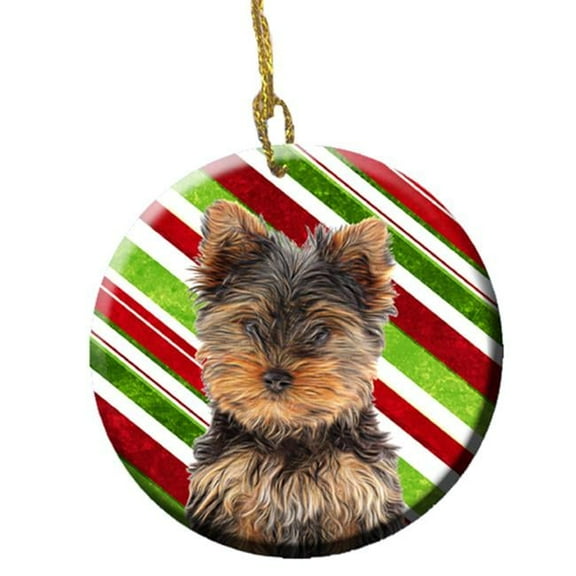 Candy Cane Holiday Christmas Yorkie Puppy And Yorkshire Terrier Ceramic Ornament
