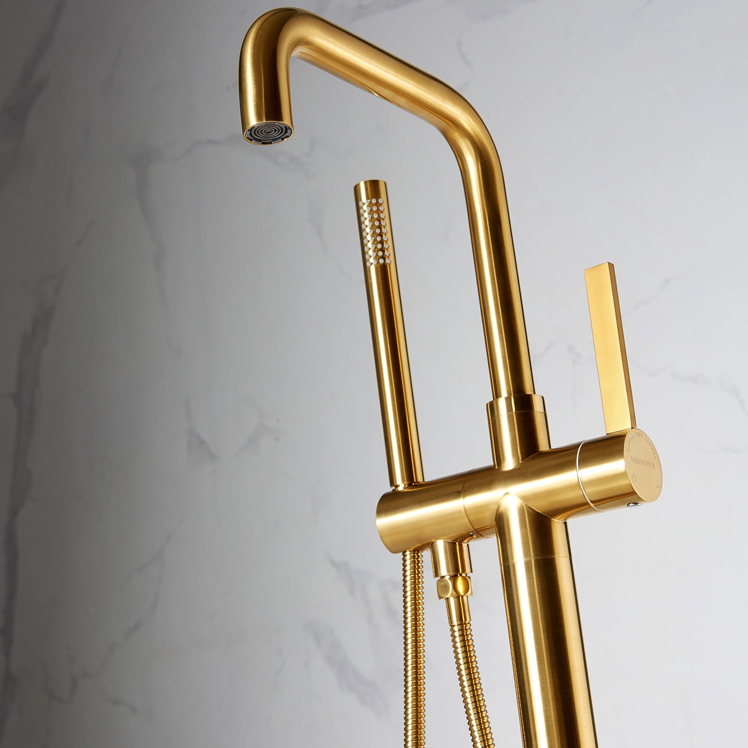 Vinnova Delara Freestanding Bathroom Chrome Tub Faucet with Hand Shower in Brushed Gold