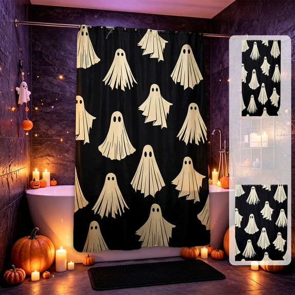Twfbrm Halloween Shower Curtain, Halloween Decoration Large Black Bath Curtain with Ghost Design and 12 Pcs Hooks, Gothic Waterproof Curtain Bathroom Decor for Home Gift