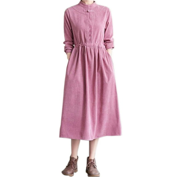 YM YOUMU Women Corduroy A-line Loose Dress with Drawstring Long Sleeve Knot Button Stand Collar Retro Style