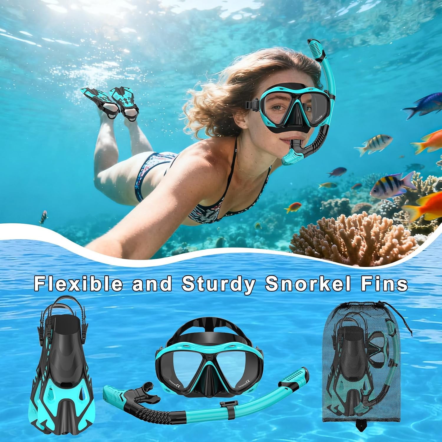 Snorkeling Gear for Adults Men Women, 3 in 1 Snorkel Set with Panoramic View Diving Mask, Dry Top Snorkel Fins for Swimming, Snorkeling and Travel Diving-Green（Small/Medium）
