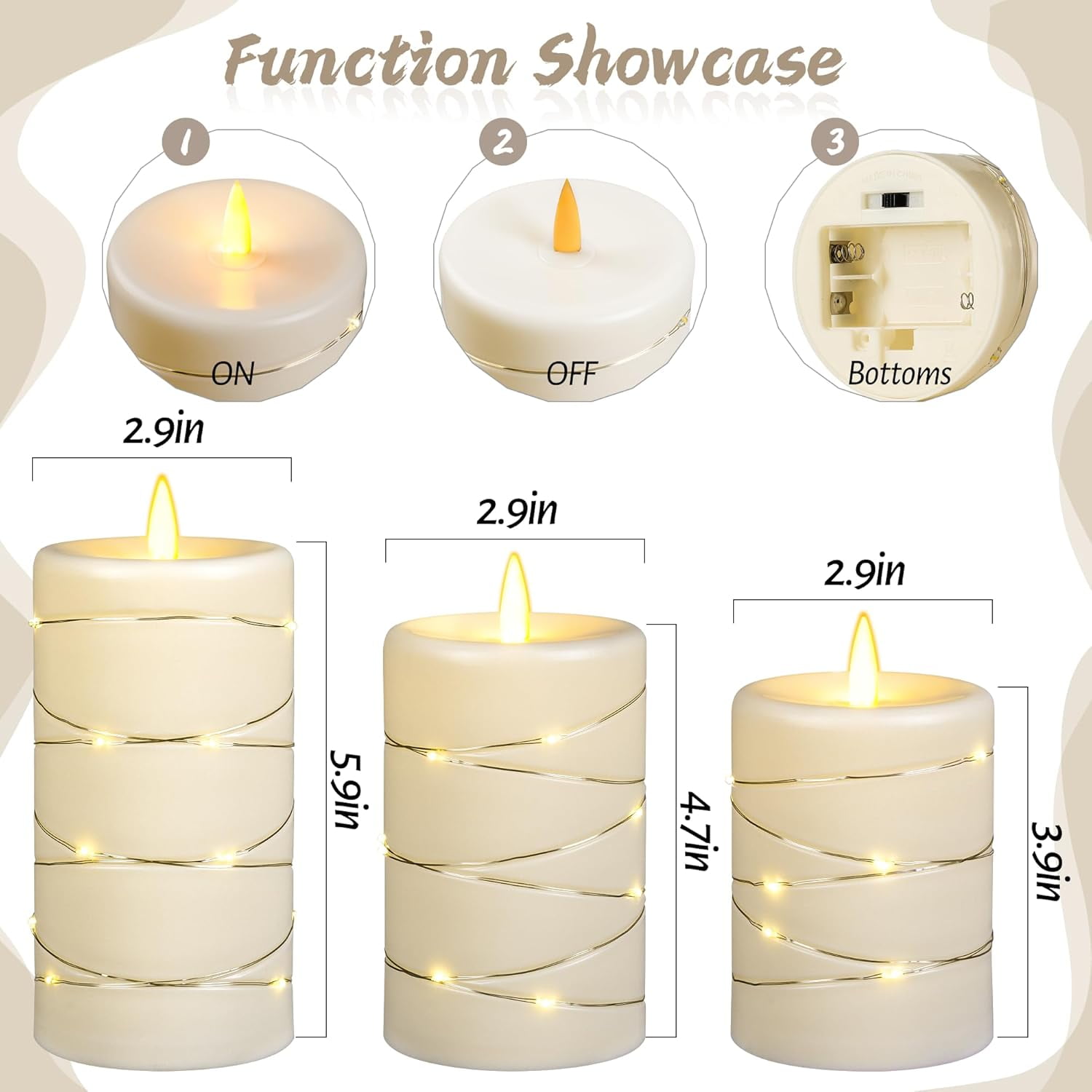 ZM Rechargeable Flameless Candles, LED Candles, Candles with Remote and Timers, Real Wax Pillar Candles, with Flickering Embedded Star String，Ivory White, Set of 2