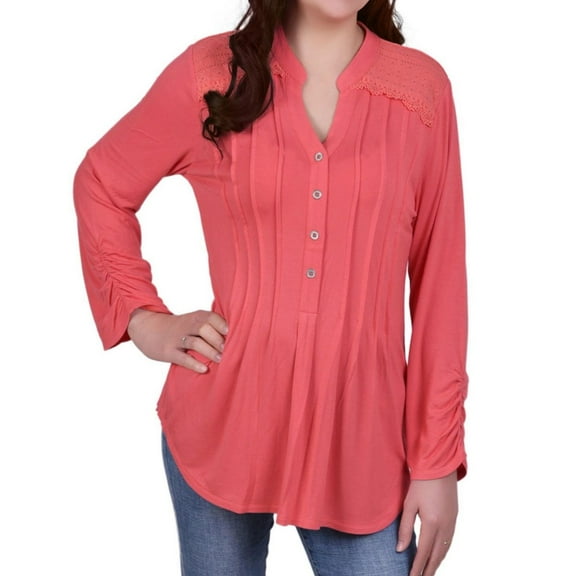 Long Sleeve Pleat Front Y Neck With Rounded Hem