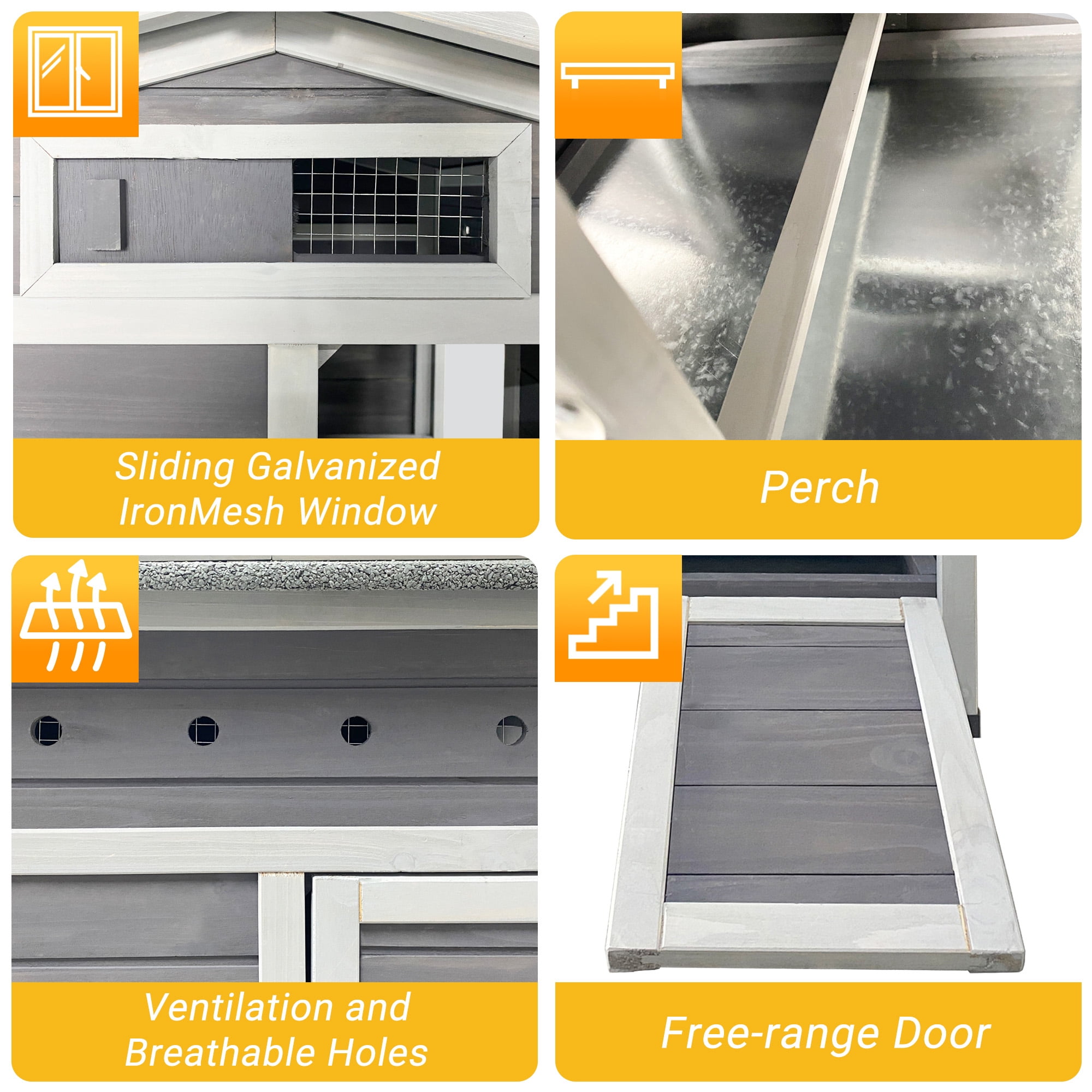 Outdoor Free-Range Wooden Chicken Coop with Asphalt Roof, Pull-Out Tray, Nesting Box with Easy Access, Front & Side Doors with Metal Latches