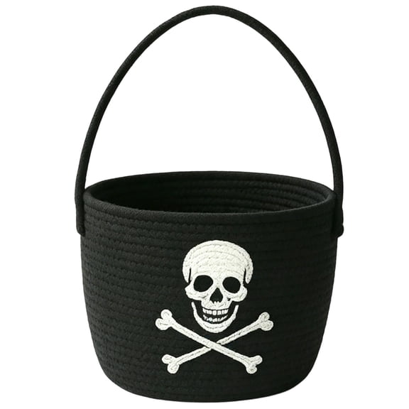 1Pcs Halloween Skull Crossbones Candy Basket Tote Bag, Cotton Rope Pumpkin Storage Bucket for Trick-or-Treating, Party Favors, Gift Giving, and Holiday Decor Use 9.8x7.8 Inch White