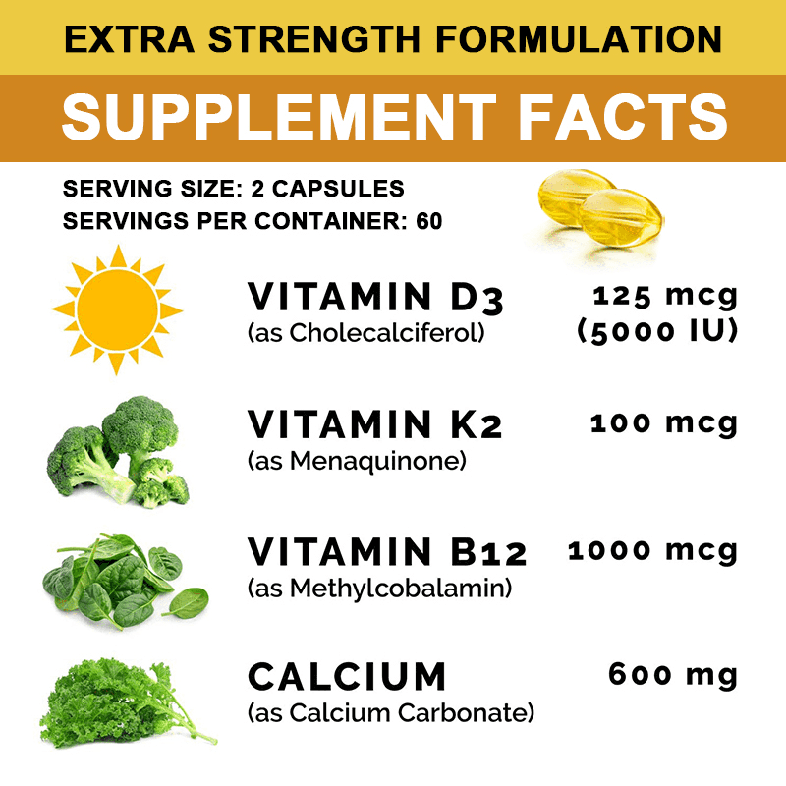 (2 Pack)Calcium D3 + K2 + B12 Supplement, Supoort Bone & Immune Health,120 Capsules