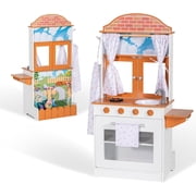 BRINJOY Kids Kitchen Playset, Double-Sided Wooden Play Kitchen for Toddlers w/Oven, Window, Play Food, Apron, Towel, 2 in 1 Realistic Pretend Play Cooking Toy Kitchen Set Gift for Girls Boys Age 3+