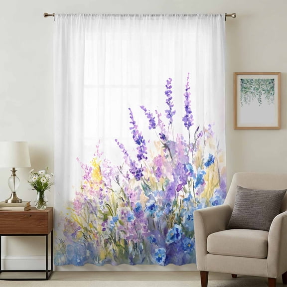Lavender Sheer Curtains 54 Inches Long, Purple Blue Flower Floral Country Spring Light Filering Curtains, Breathable Simi Curtain Privacy Drapes for Kitchen Bathroom Small Window Treatment