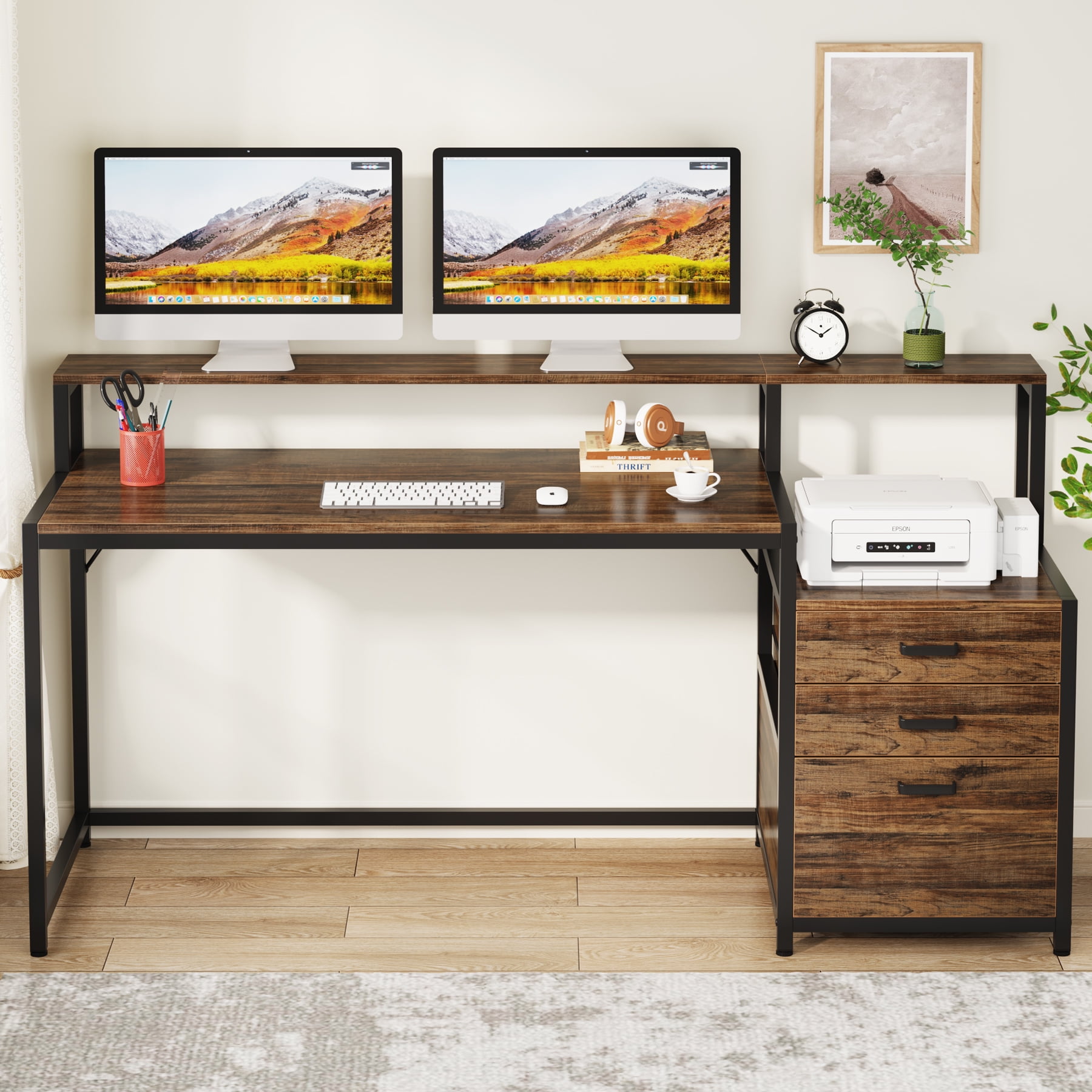 Tribesigns 63 Inch Computer Desk with Monitor Stand, Ergonomic Office Desks with Drawers File Cabinet