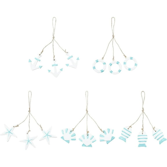 SUNNYCLUE 5 Styles Nautical Hanging Decoration Wooden Decor Ornament Star Fish Anchor Life Buoy Ornaments for Home Wall Wedding Party Decor Hanger Crafts Gift Christmas Tree Decor
