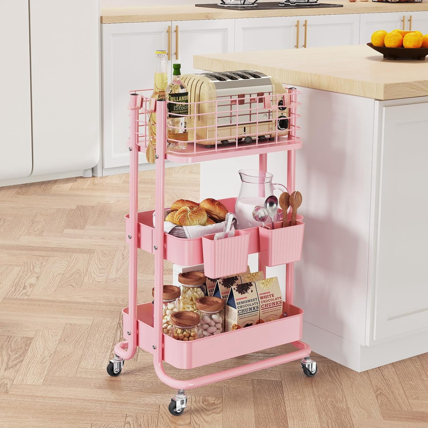 3 Tier Utility Rolling Cart, Metal Storage Cart with Lockable Wheels, Multifunctional Storage Organizer Trolley with Mesh Baskets for Kitchen, Living Room, Office, Bathroom, Garage, Pink