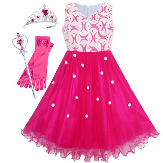 Flower Girls Dress Hot Pink Crown Gloves Lace Pearl Pageant Wedding 7 Years