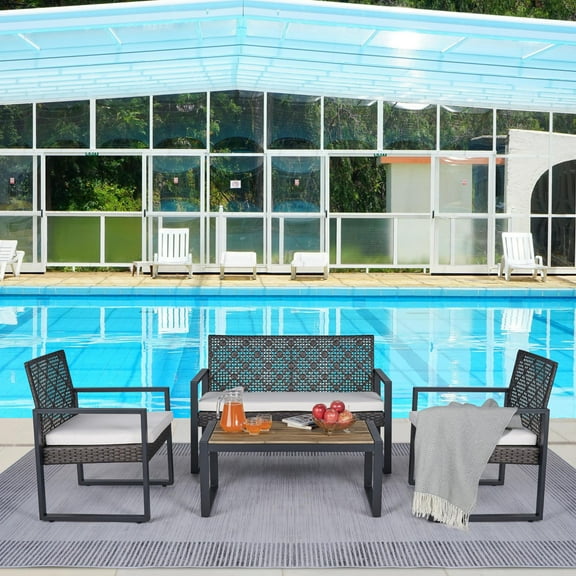 Outdoor PE Wicker Sectional Furniture Set 4 Pieces, SYNGAR Indoor Conversation Cushioned Sofa Chair Set w/Glass Tea Table Ottoman, Patio Rattan Furniture Set for Deck Poolside Backyard, Brown, D191