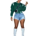 thumbnail image 1 of FOCUSNORM Women Juniors Casual Coat, Letters Embroidery Pattern Button-down Bomber Jacket, 1 of 8