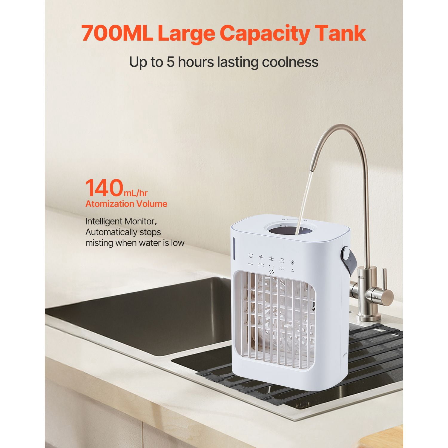 Portable Air Cooler 4-in-1, Fan/Humidifier/Air Cooler/Ambient Lighting, 3 Speeds, 700ml Tank with Ice Cube Support, 0-7H Timer, Low Noise for Home Office Camping