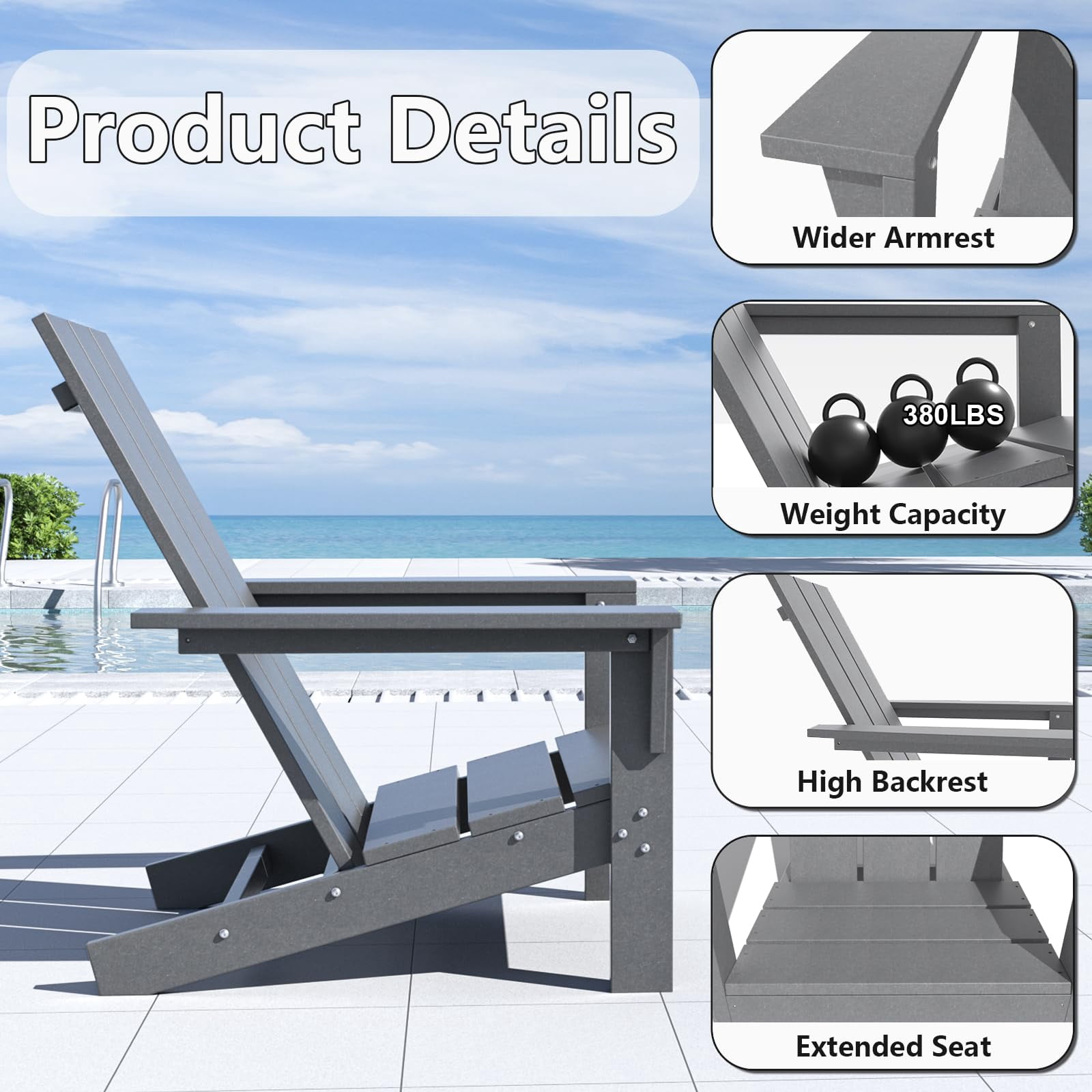 Kullavik Adirondack Chair 3 Piece Set With Table, Heavy All-Weather HDPE.Outdoor Lounge Chair for Patio Deck Garden, Backyard Deck& Lawn Furniture - Looks Exactly Like Real Wood-Gray