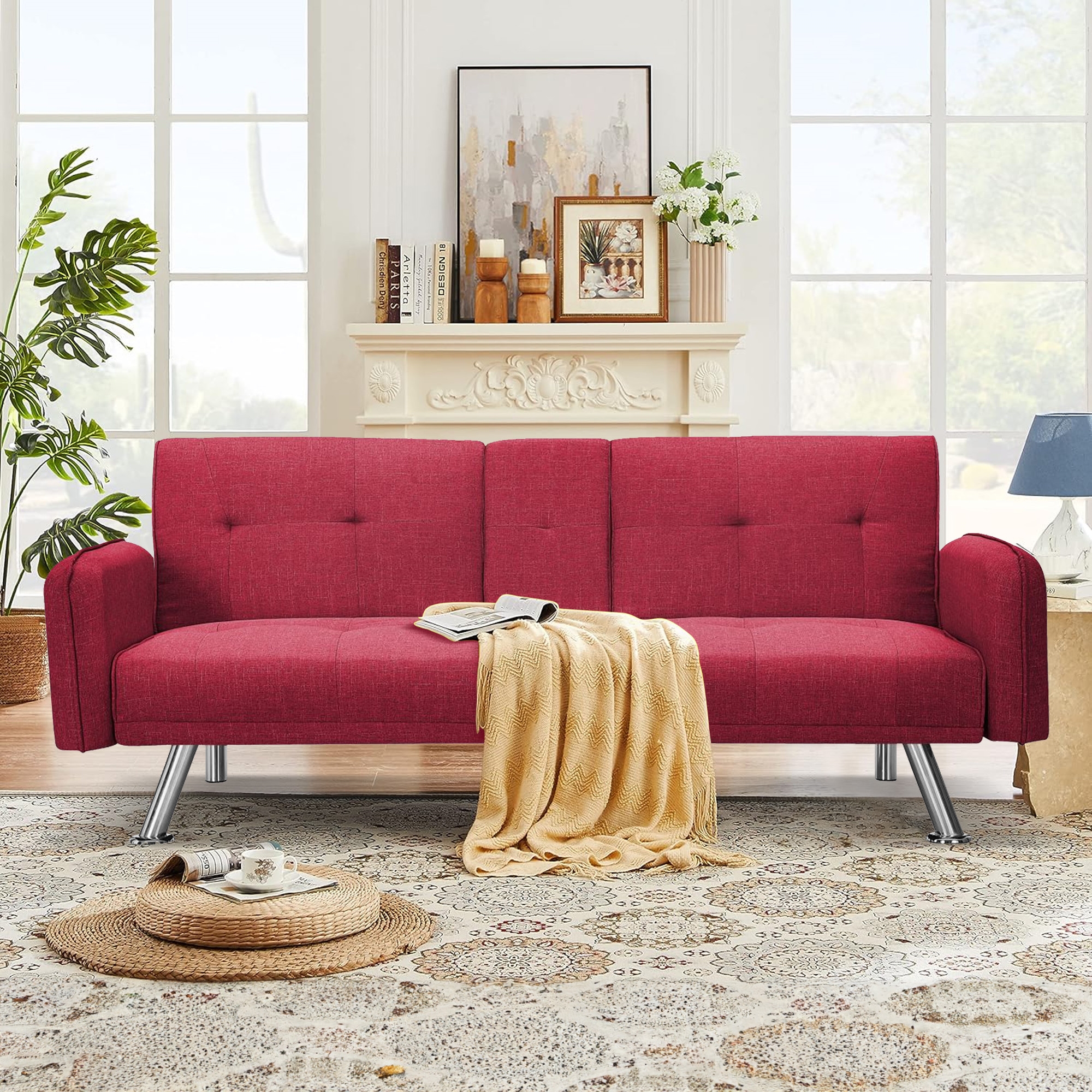 Aukfa 75" Square Arm Futon Convertible Sofa Bed for Home Office, 2 Cup Holders, Linen, Red