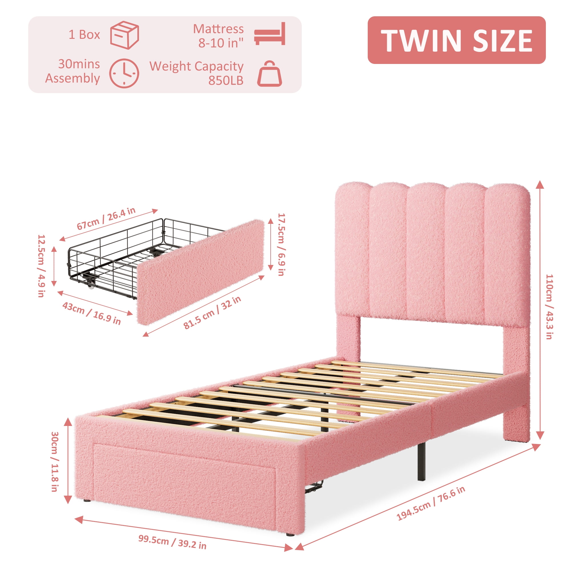 Towallmark 2025 New Twin Bed Frame with Under-Bed Drawer, Low Profile Upholstered Platform Bed with Wave Headboard, Wooden Slats Support, Pink