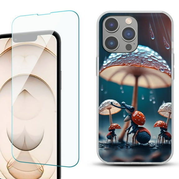 OneToughShield ® for iPhone 15 Pro Max Shockproof Fashion Phone Case, with Tempered Glass Screen Protector - Ant n Mushroom