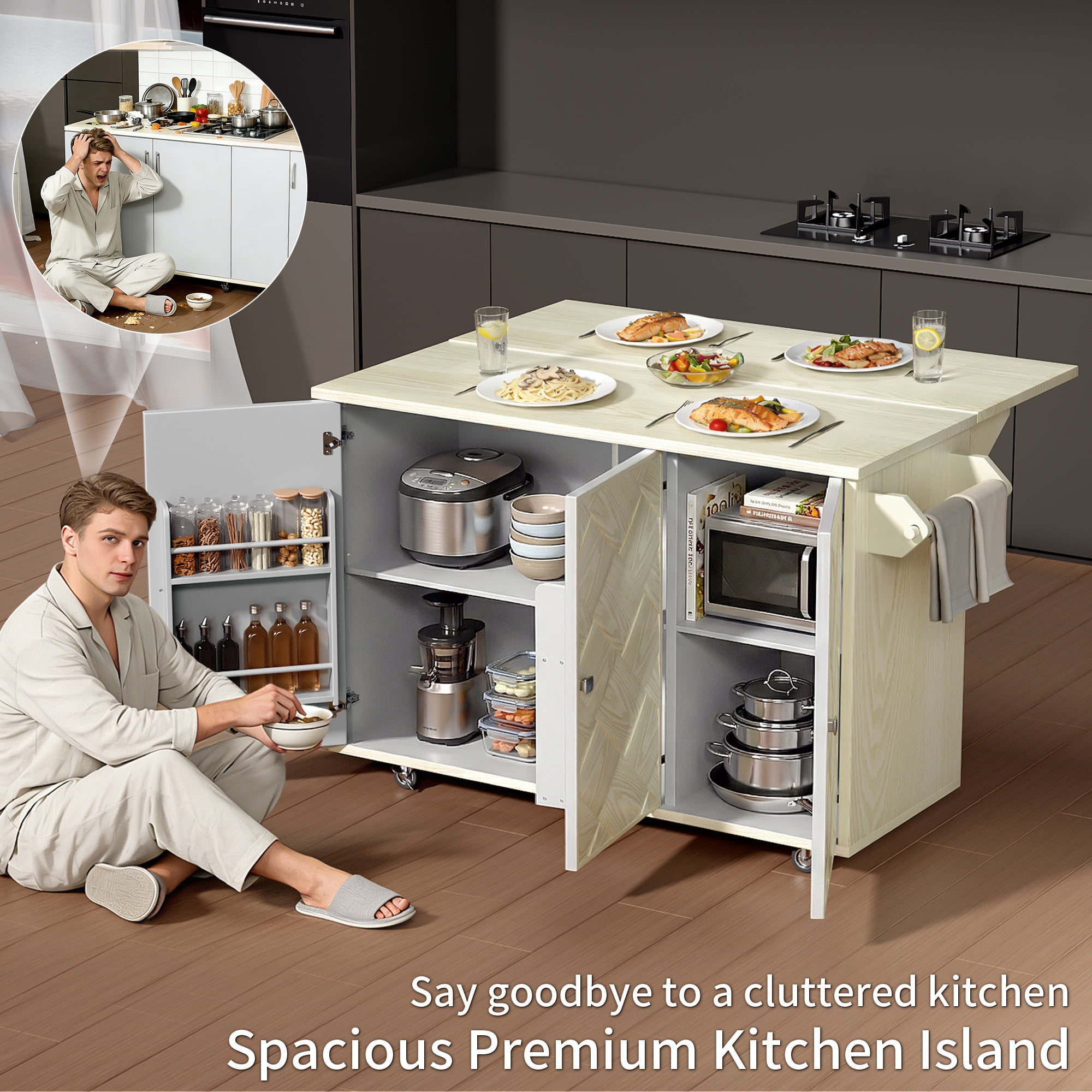 OMCHOM 51.2" Kitchen Island with Folding Drop Leaf,Rolling Cart Table with Storage and Towel Rack,Champagne