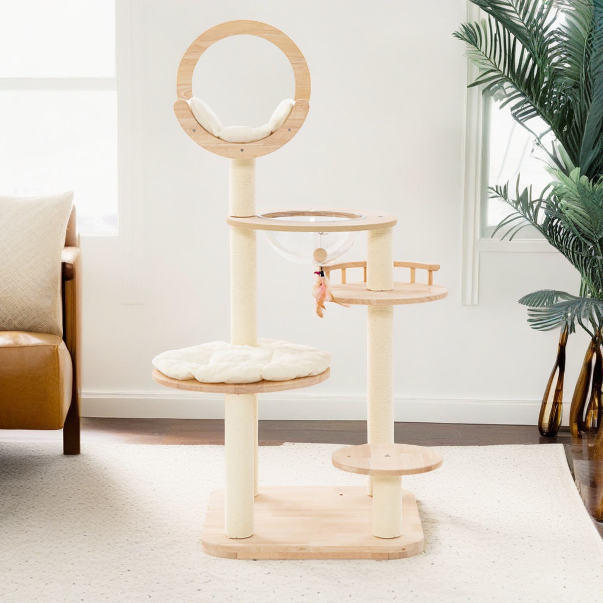 Kadyn 57" Wood Cat Tree Tower for Indoor Cats, Multi-Level Cat Condo with Scratching Posts, Perch, Washable Removable Cushions, 4-in-1 Cat Furniture, Beige