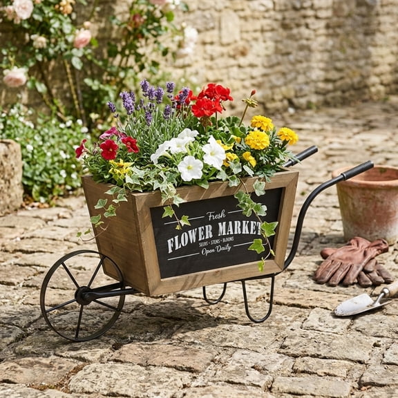 19.5x8x8.3" Brown Wooden Wheelbarrow Planter with Black Iron Frame
