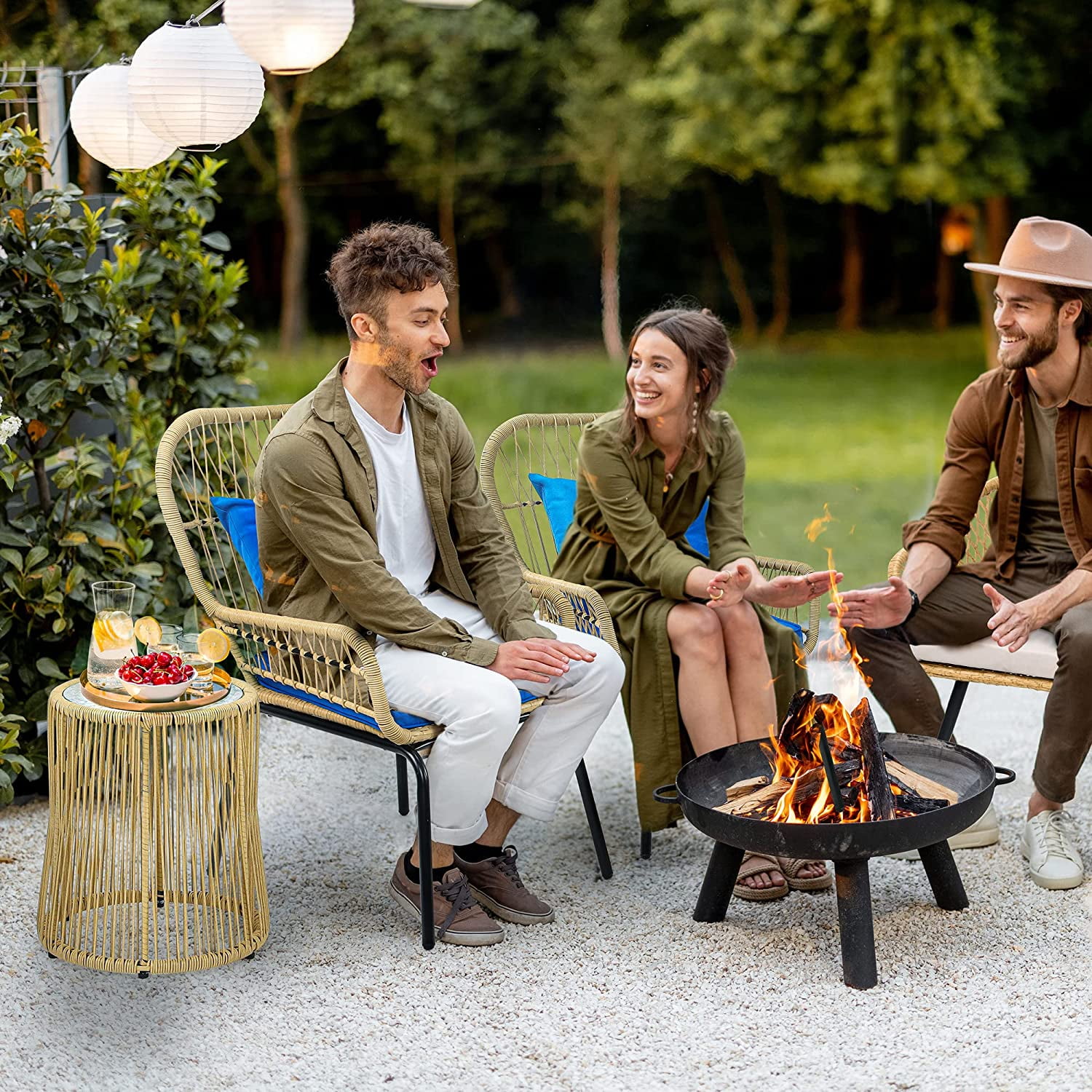 Dextrus 3-Piece Outdoor Patio Furniture Wicker Bistro Set, All-Weather Rattan Conversation Chairs for Backyard, Balcony and Deck with Soft Cushions, Glass Side Table (Light Brown+Navy Blue)
