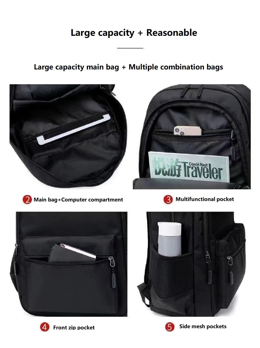 School Backpack for Men Women, Adults Waterproof Travel Bags, 15.6 inch Laptop Backpack, Teenage Lightweight Rucksack, Work Daypack, Black