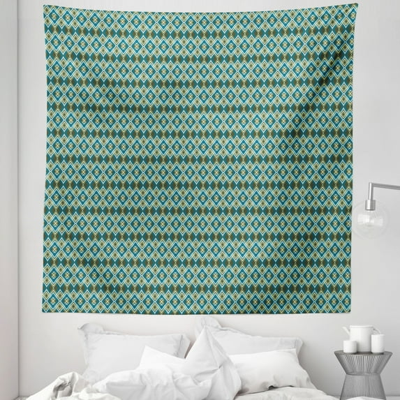Geometric Tapestry, Abstract Overlapping Diamond Shapes with Symmetric Arrangement, Fabric Wall Hanging Decor for Bedroom Living Room Dorm, 5 Sizes, Petrol Blue Olive Green, by Ambesonne