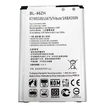 For LG Tribute 5 / K7 / K8 / K8V / Phoenix 2 / Escape 3 MS330 K330 K373 K371 VS500 LS675 RS500 Rechargeable Li-ion Phone BL-46ZH Battery 2125mAh