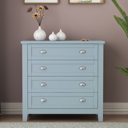 Paproos 4 Drawer Dresser  Modern Dressers for Bedroom  Chest of Drawers with Retro Shell-shaped Handle  Large Capacity Clothes Organizer Wide Storage Cabinet Lockers for Closet Living Room  Blue Gray
