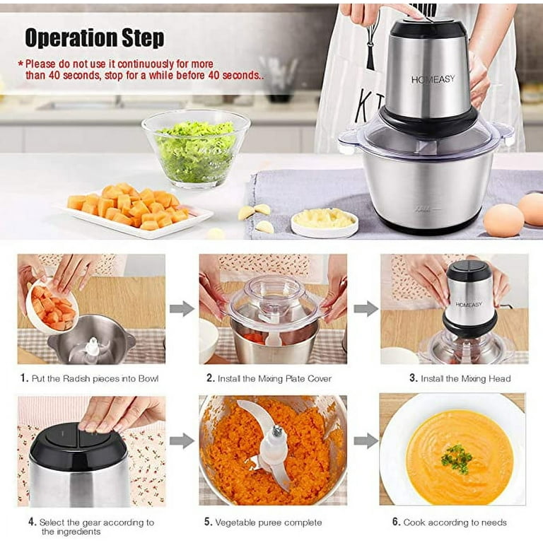 Food Processor with 2 Bowls, Electric Meat Chopper & Vegetable Grinder,  Stainless Steel Bowl and Glass
