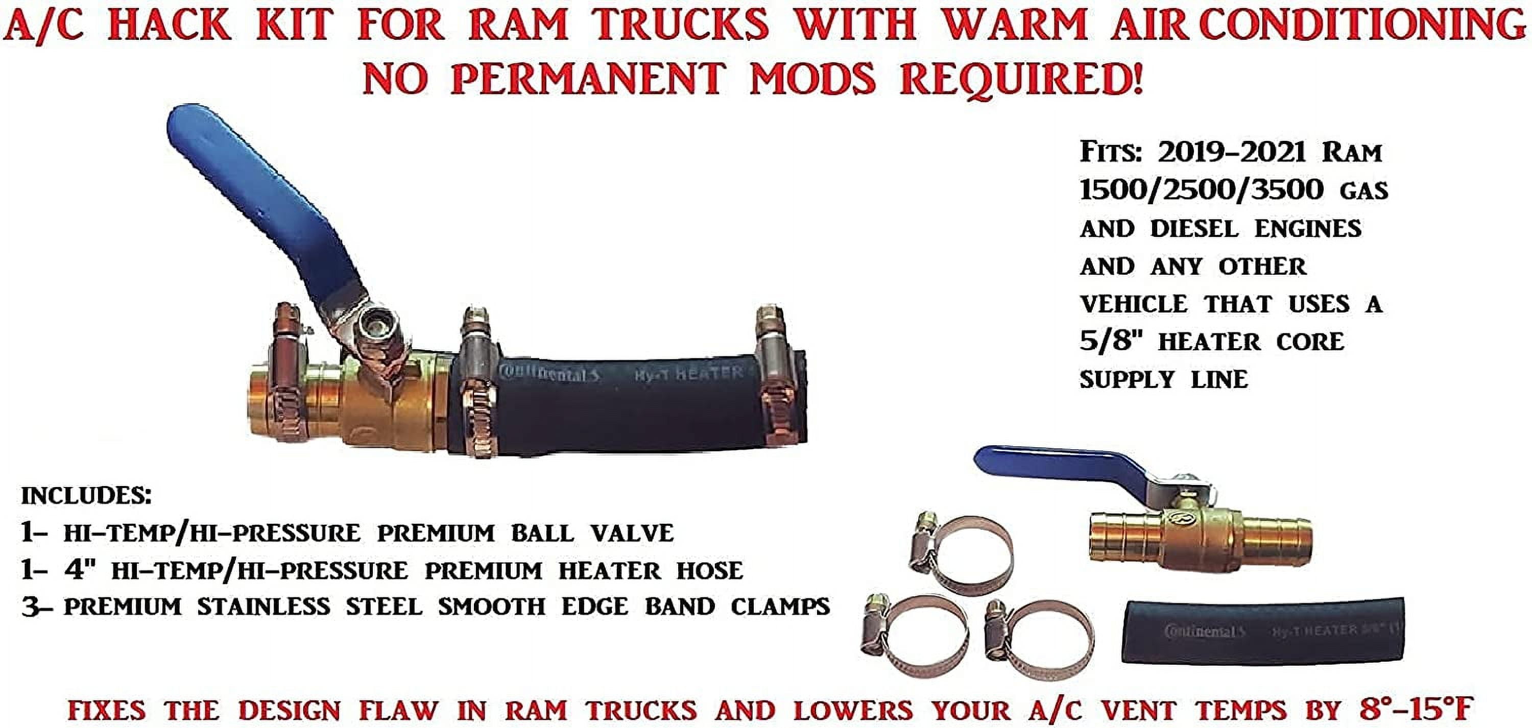 MUZZYS Ram A/C HACK KIT Fits Ram 2019-2025 1500 2500 3500 Trucks with Weak/Warm Air Conditioning from Factory, Heater Core Blend Door By-Pass Mod Fix, W/Clamps  Shut Off Valve, Gas & Diesel