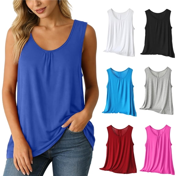 Asxite Tank Tops for Women Plus Size Sleeveless Solid Color Round Neck Pleated Wide Strap Casual Blouse