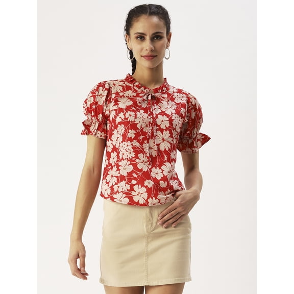 DressBerry Women’s Printed Poly Rayon Top Keyhole Neck with Adjustable Drawstrings Ruffle Puff Sleeves Waist Length Regular Wear Light Weighted Woven Summer Top