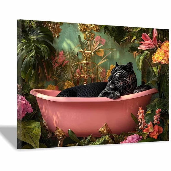 Mudket Framed Panther in Pink Bathtub Canvas Wall Art, Jungle Leopard Print Bathroom Wall Decor, Animal Wall Art for Living Room, Ready to Hang - 12"L x 8"W