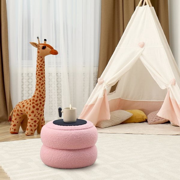 Storage Ottoman, Round Teddy Velvet Footrest with Tray, Macaron-Shaped Stool, Modern Side Table, Small Ottoman for Living Room, Bedroom, and Hallway Decor- Pink