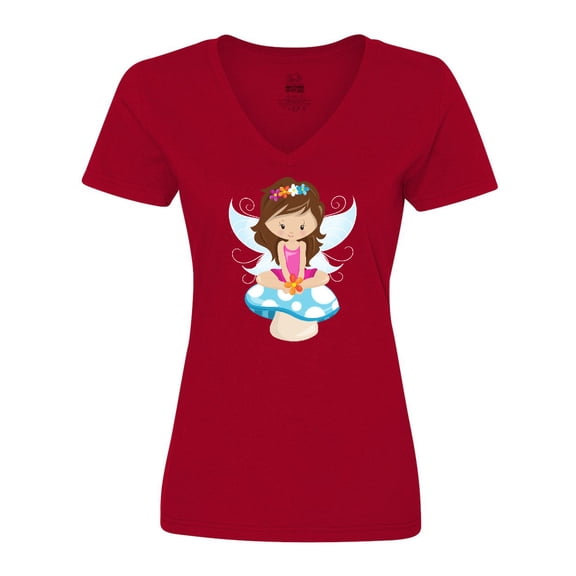 Inktastic Cute Fairy, Brown Hair, Fairy Sitting On Mushroom Women's V-Neck T-Shirt