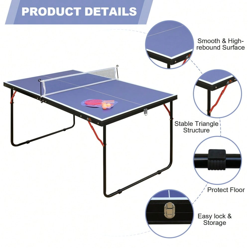 4ft Foldable Ping Pong Table Set, Compact Indoor Outdoor Table Tennis Table with Net, 2 Paddles & 3 Balls for Small Spaces, Apartments, Backyard, Thickened Aluminum Frame