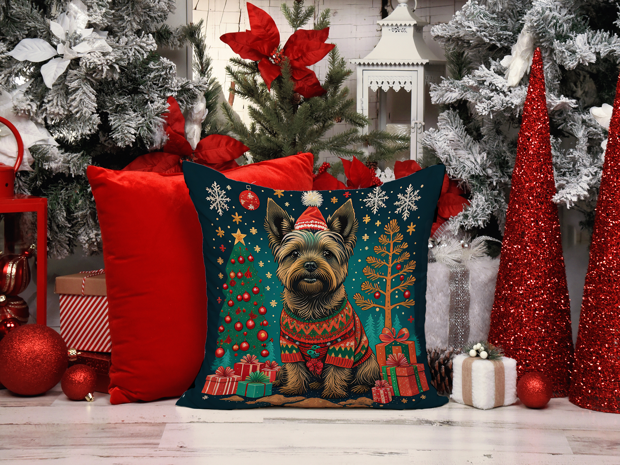 Cairn Terrier Christmas Fabric Decorative Pillow 18 in x 18 in