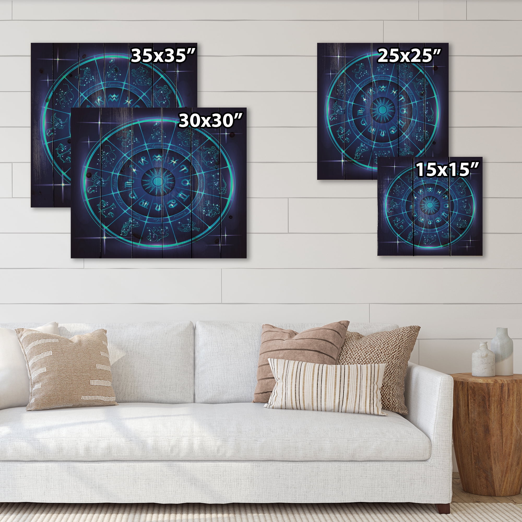 Designart 'Zodiac Signs With Neon Deep Blue Horoscope Circle' Modern Print on Natural Pine Wood