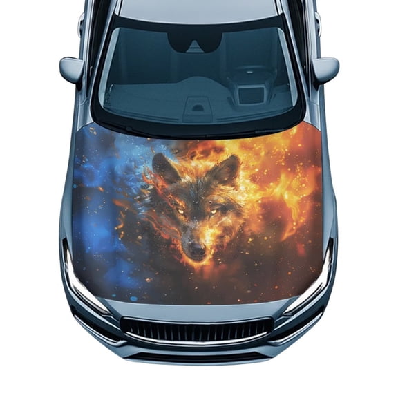 HUISEFOR Car Hood Cover Red Blue Flame Wolf Hood Covers for Cars All-Season Protection Cars Accessories Exterior Easy Installation Universal Fit for Most Cars