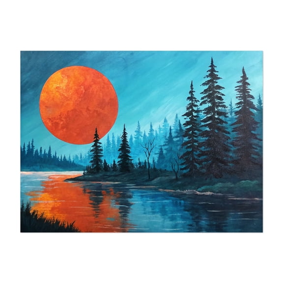 Blood Moon on the Horizon: A Fiery Orange Sun Reflected on a Calm, Misty Forest Lake - Painting Forest Nature Landscape Lake Sunset Scenic Woods Unframed Wall Art Print 5 x 7 inches