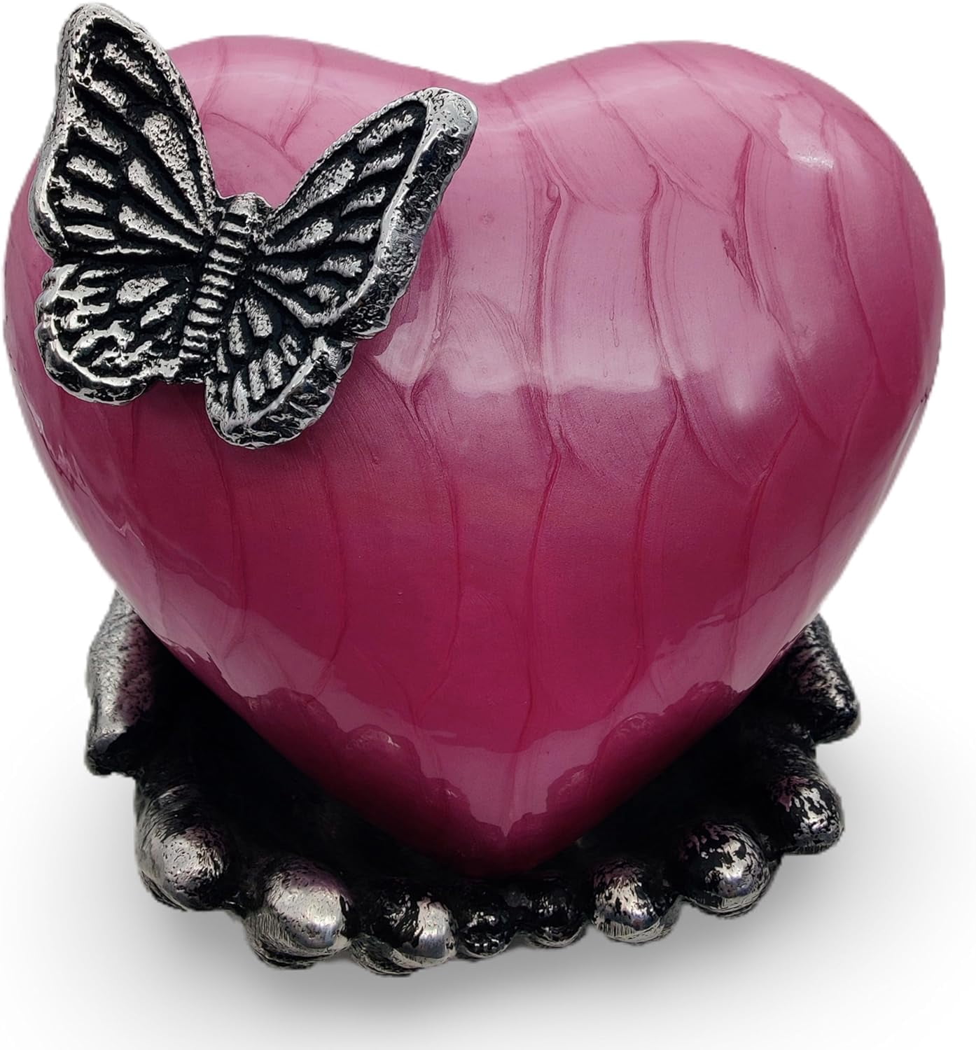 Pink Butterfly Heart Cremation Urn for Ashes with Hand Shape Stand Memorial Humans Keepsake for Women and Men