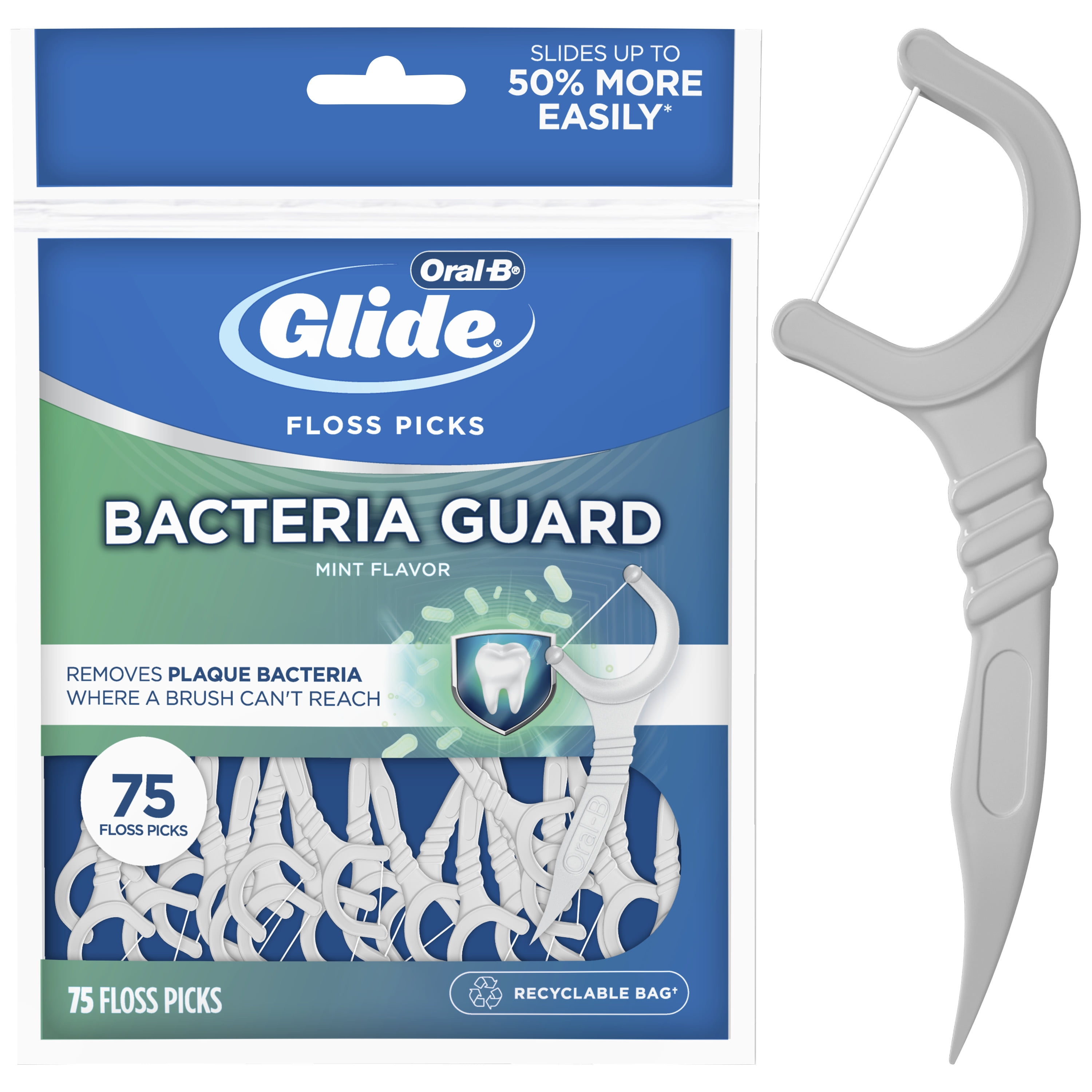 blik Formode tvilling Oral-B Glide Bacteria Guard Dental Floss Picks, Mint, 75 Picks - Walmart.com