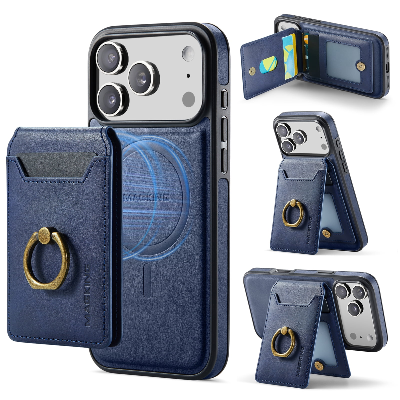 2 in 1 Function Detachable Magnetic Phone Cases Compatible with iPhone 14 Case with Card Holder Ring Compatible with Magsafe Wallet Slim Fit PU Leather Men RFID Blocking Blue