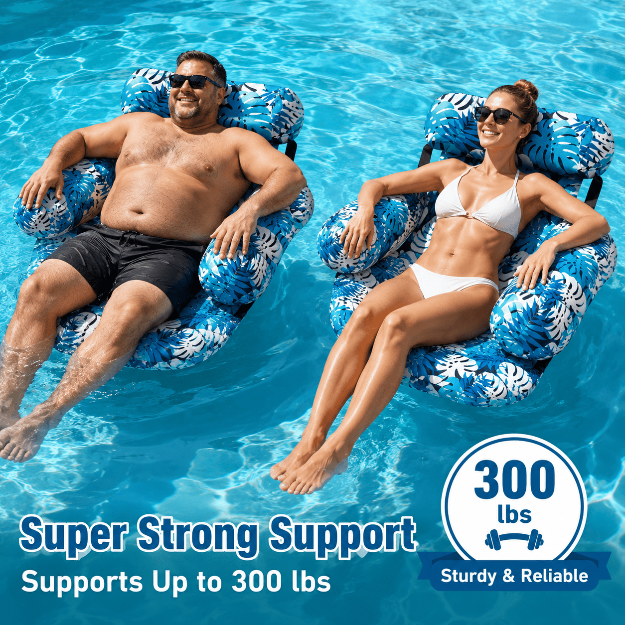 Inflatable Pool Float Chair for Adults, Tropical Leaf Floating Lounger with Headrest, Back Support and Wide Armrests for Pool & Lake