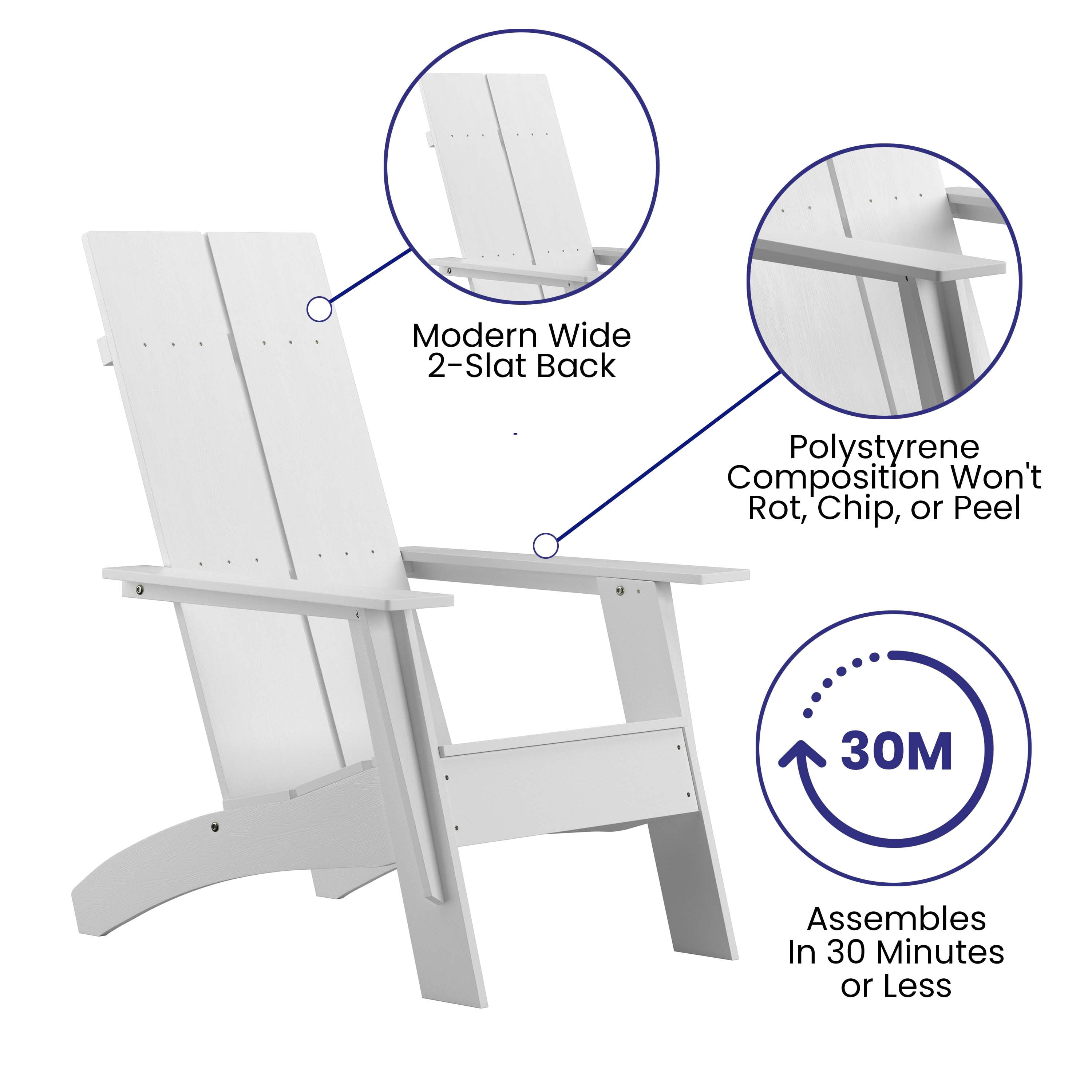 Merrick Lane Modern 2 Slat Back All-Weather Poly Resin Wood Adirondack Chair in White
